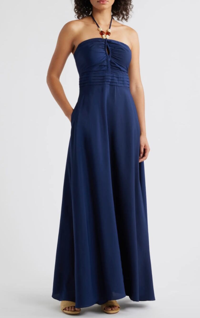 Eliza J Maxi Dress Navy Halter Pleated Embellished Formal Cocktail US 10 NWT